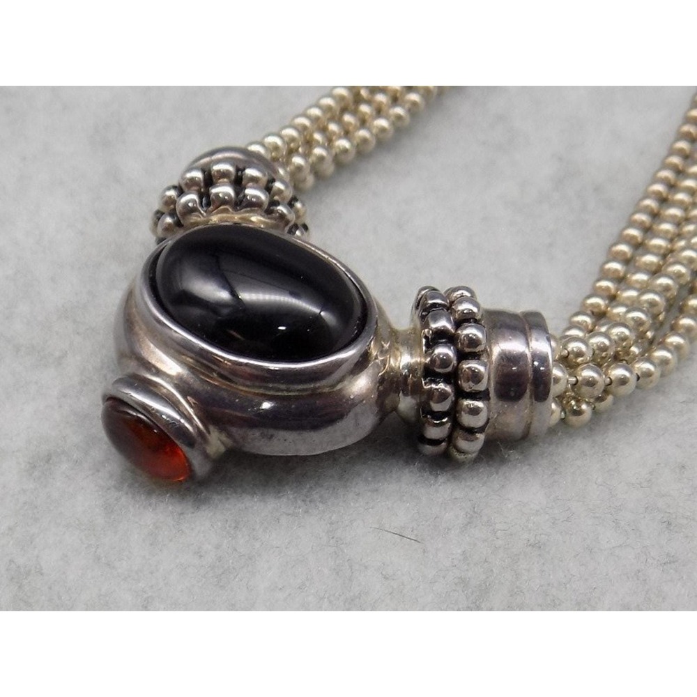 Signed Joseph Esposito Sterling Silver Snap Necklace Onyx & Amber Pendant 55 gms
